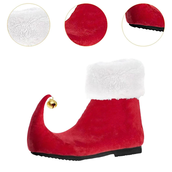 Red slipper boot with white fur lining and gold bell on a white background