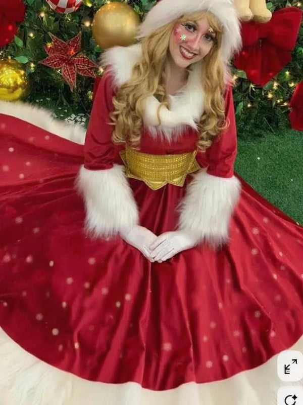 2026 Christmas Women Long Dress Long Sleeve Dress Furry Patchwork Swing Dress for Party