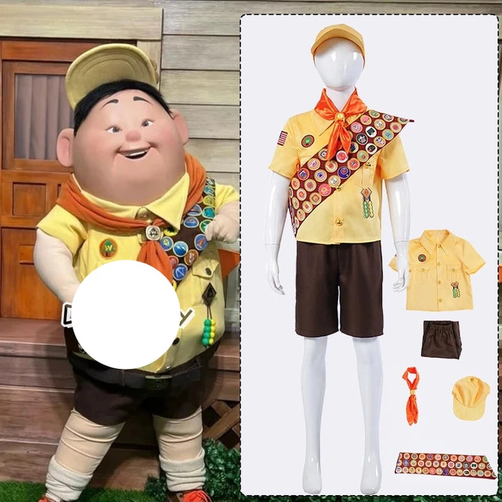 Cartoon character in a costume with accessories on a white background