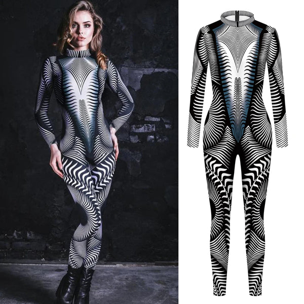 Women 3D Steampunk Printing Elastic Bodysuit  Skinny Halloween Party Cosplay Costumes Fancy Outfit Catsuits