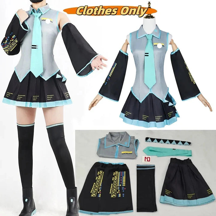 Cosplay costume set with black and blue outfit on a mannequin and separate pieces displayed below.