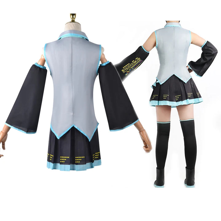 Cosplay costume with black and gray outfit on a mannequin and person against a white background