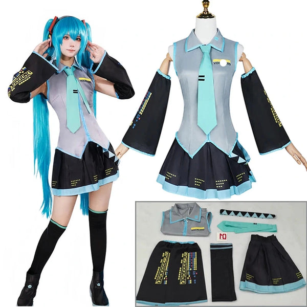 Cosplay costume set with outfit pieces displayed on a mannequin and flatlay.