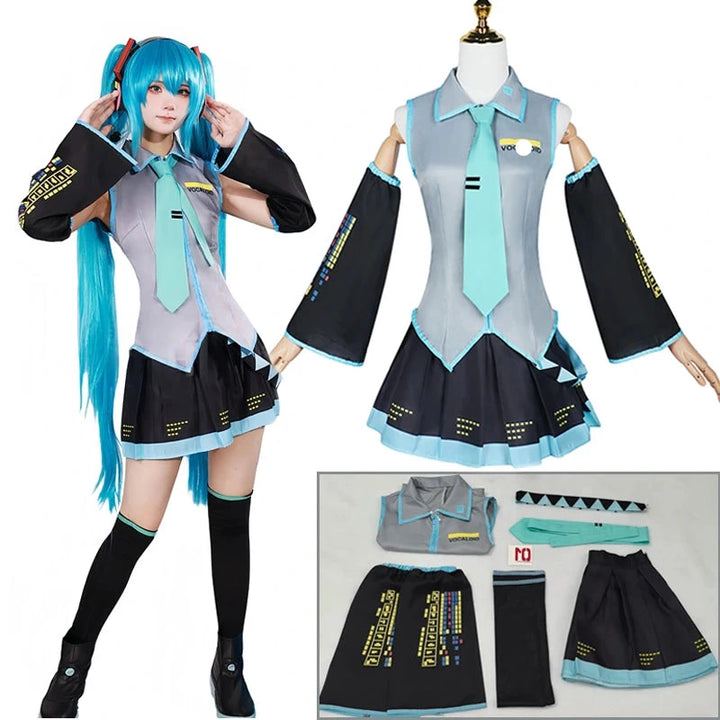 Cosplay costume set with outfit pieces displayed on a mannequin and flatlay.
