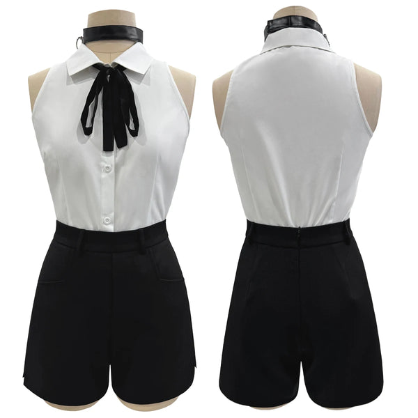 Chainsawaw Anime Rezeze Cosplay Costume Wig White Shirt Black Shorts Choker Tie Halloween Christmas Convention Rose Net