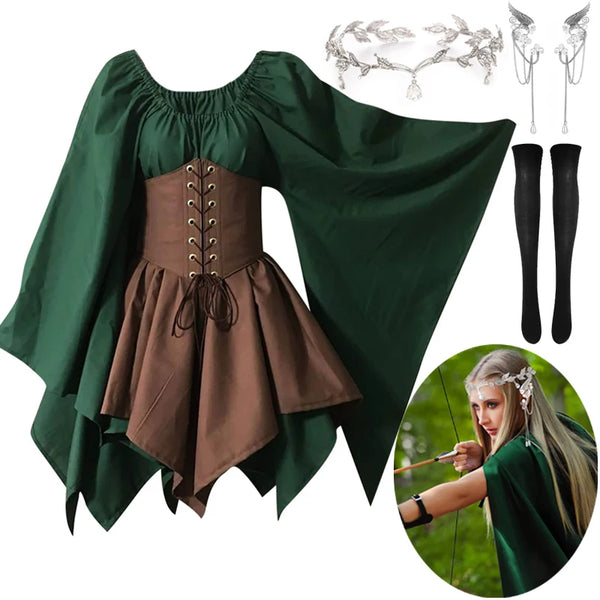 Women Elf Costume Renaissance Traditional Irish Dress Medieval Fairy Costume Elf Ears for Halloween Cosplay