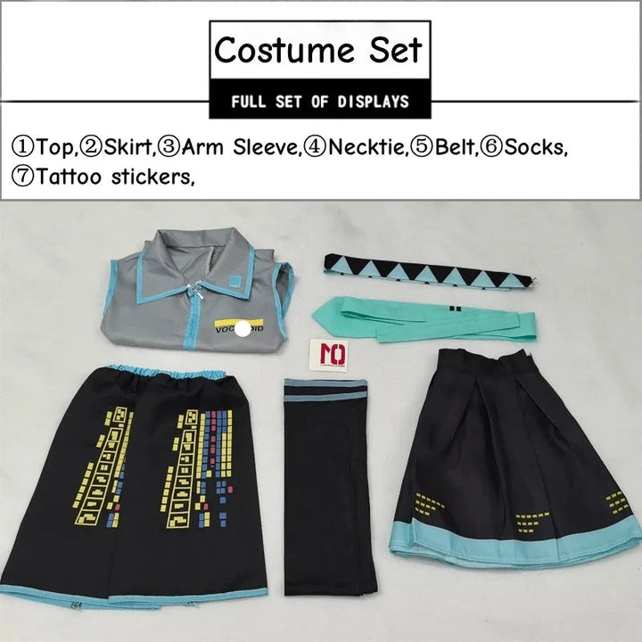 Costume set with top, skirt, arm sleeve, necktie, belt, socks, and tattoo stickers on a white background.
