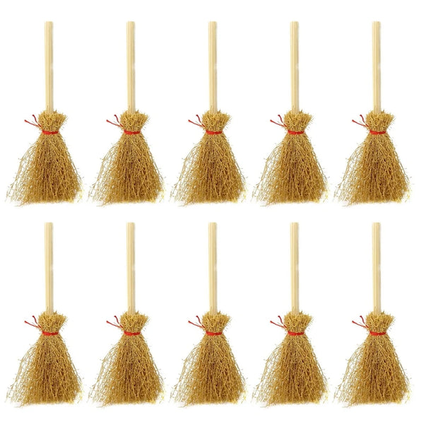 10PCS Mini Broom Witch Straw Brooms DIY Hanging Ornaments for Halloween Party Decoration Costume Props Dollhouse Accessories