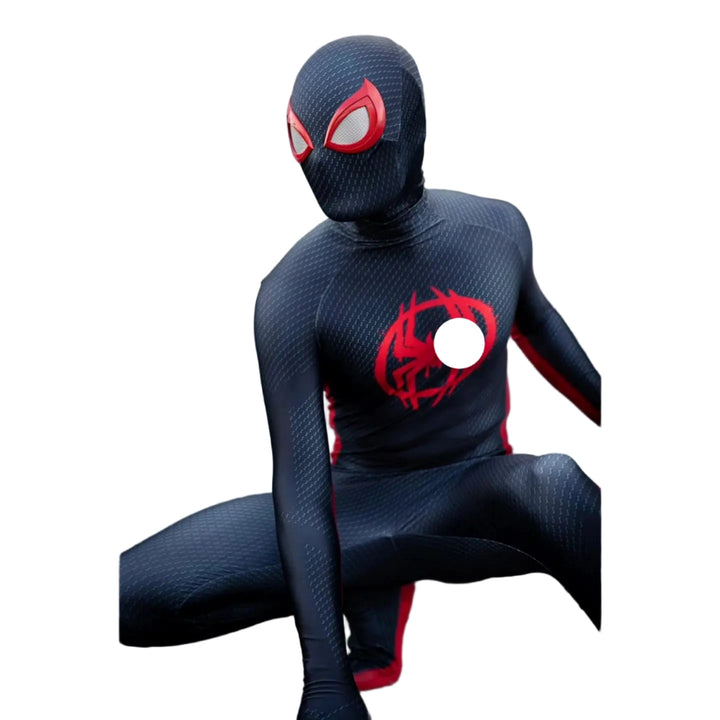 Person wearing a black and red superhero costume with spider emblem.