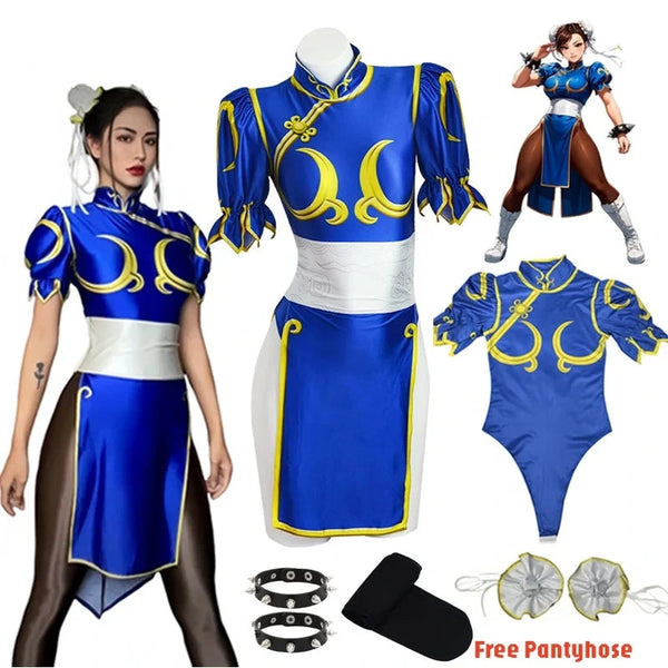Blue and yellow costume with accessories on a white background, featuring Chun Li from Street Fighter.