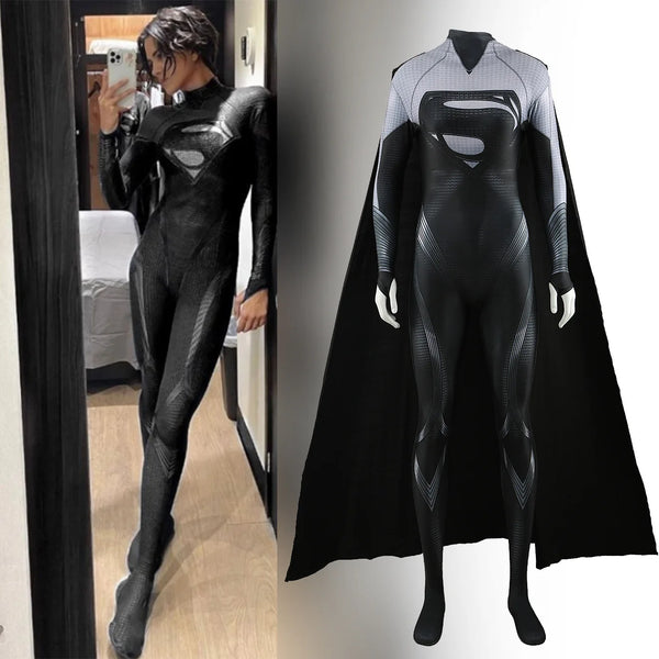 Black Super Women Cosplay Flash Costume 3D Printed Spandex BodySuit & Cape Halloween Costume Bodysuit disfraces de halloween