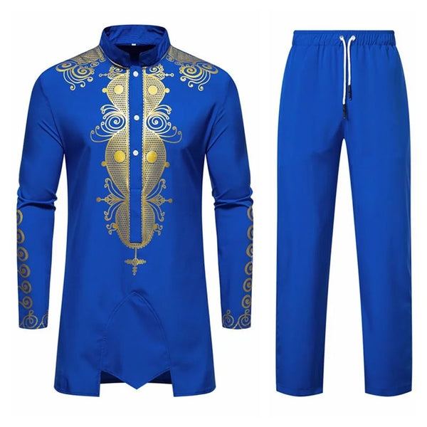 New Men's Ethnic Style Printed Robe Set of Long Sleeves + Pants Two-piece Men's Traditional Clothing Suit Men's Sets