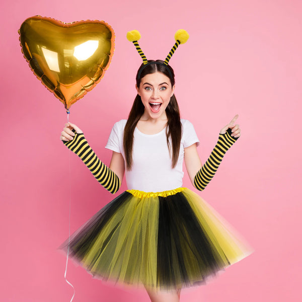 4 Pcs Costume Set Women Yellow Honey a Bee Antennana Headband Tutu Skirt Striped Knee High Stocking Long Gloves For Cosplay Dance