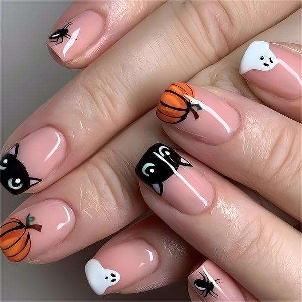 24pcs Halloween Cute Cartoon French Fake Nails Nude Pink Square Press On Nails With Pumpkin Ghost Designs Professional Nail Art