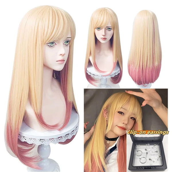 Darling Kitagawawa Cosplay Wig 80cm Long Pink Gradient Heat Resistant Hair Party Wig + a wig cap