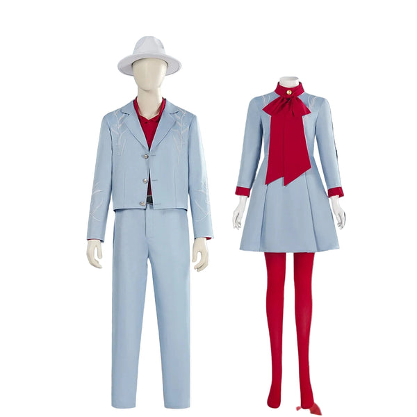Two mannequins wearing light blue suits with red accents, one with a hat and the other with a bow tie, against a dark curtain background.