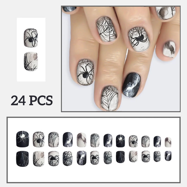 24pcs Black Gothic Short False Nails Press On Nails Square Gradient Spider Web Halloween Fake Nails Fashion Manicure Nail Art