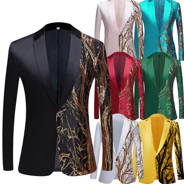 Mens Sequin Embroidered Suit Coat Shiny Bling Glitter Blazer Tuxedo Suits Wedding Party Stage Costumes Nightclub Prom  DJ Jacket