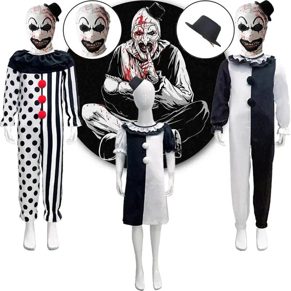 Kids ITerrifier Clown Cosplay Costume Terrifier Mask Jumpsuit Halloween Costume Horror Black White Clown Jumpsuits Girls Boys