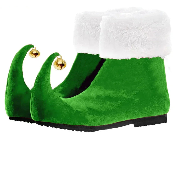Green elf shoes with white fur trim and gold bells on a white background