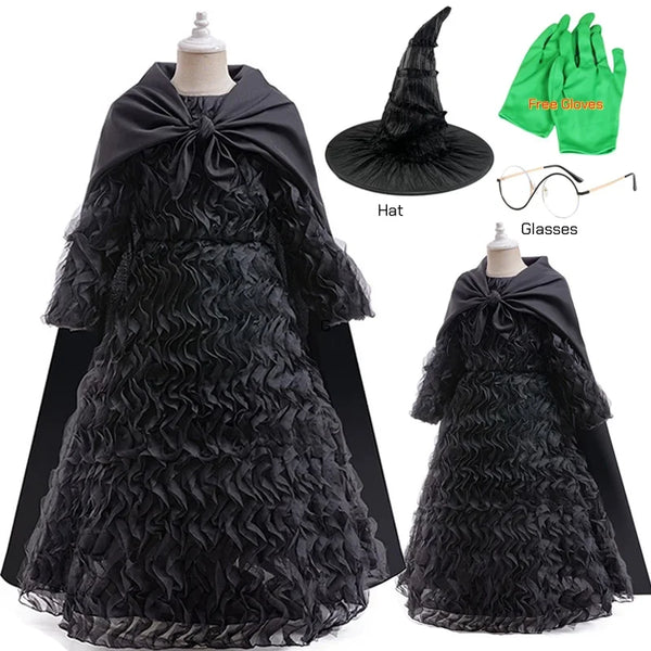 Wicked Elphaba Costume Witch Cosplay Black Ruffled Dress Cloak Gloves Pointed Hat Halloween Outfit for Girls