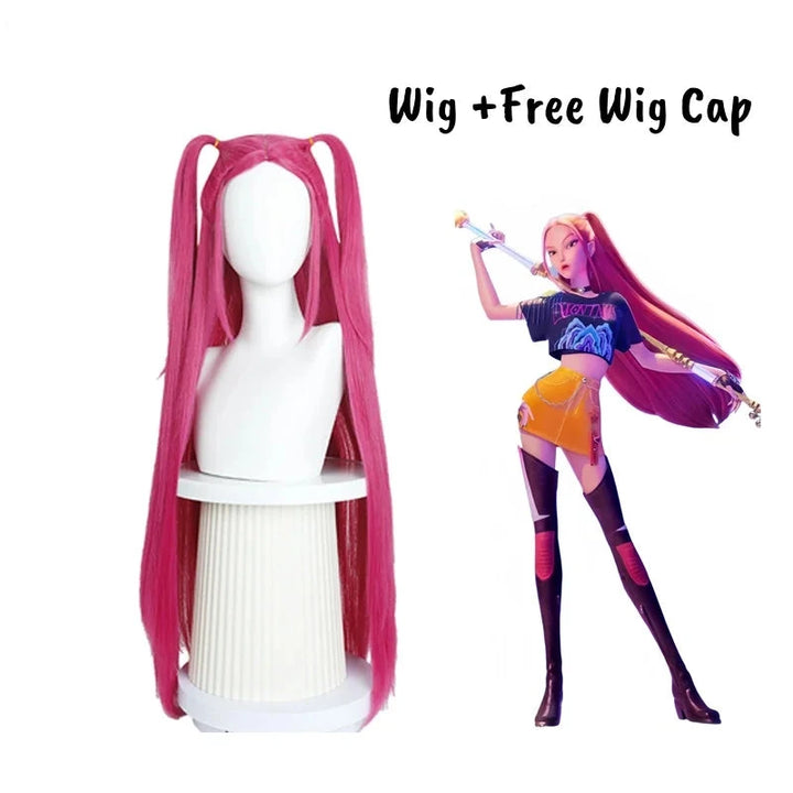 Pink wig on a mannequin with an animated character wearing the wig and holding a weapon.