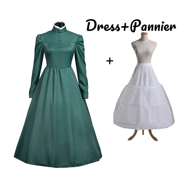 Green dress with pannier on a white background, featuring 'Howl's Moving Castle' branding.