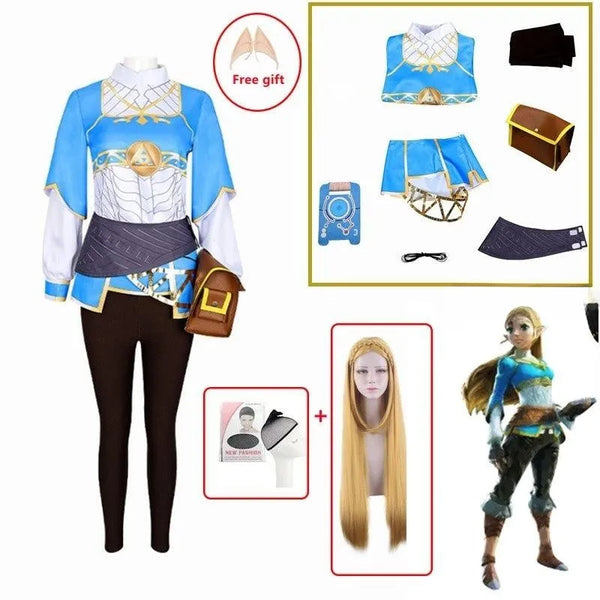 Princess Zelda Cosplay Breath of the Wild The Legend of Cosplay Wig Costume Outfit Woman Halloween Long Gloden Wig Clothing Set