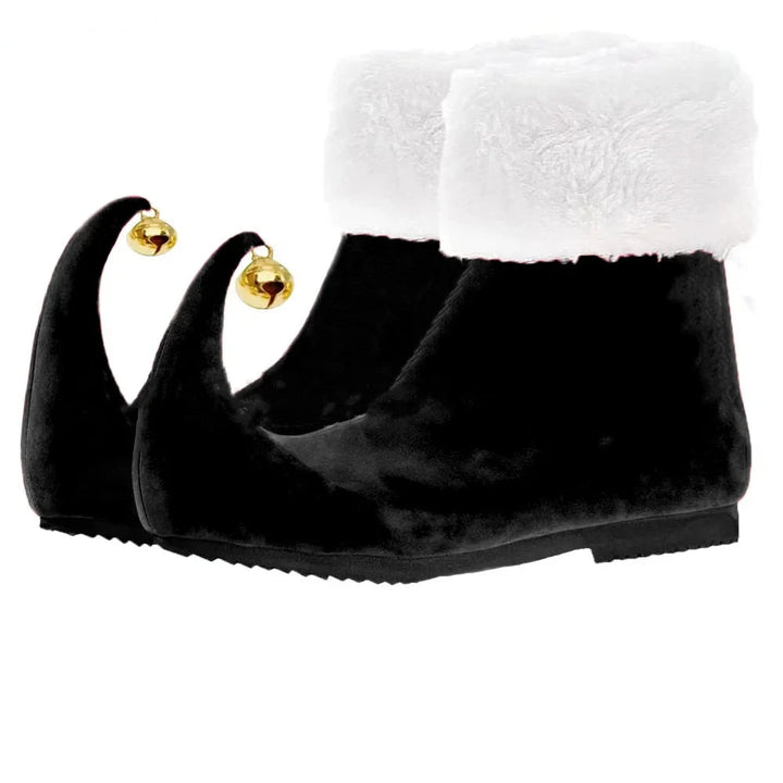 Black elf shoes with white fur trim and gold bells on a white background