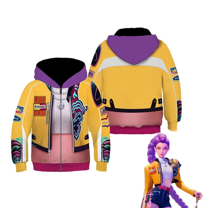 Yellow hoodie with purple accents and character illustration, featuring 'K-POP DEMON HUNNERS' branding.