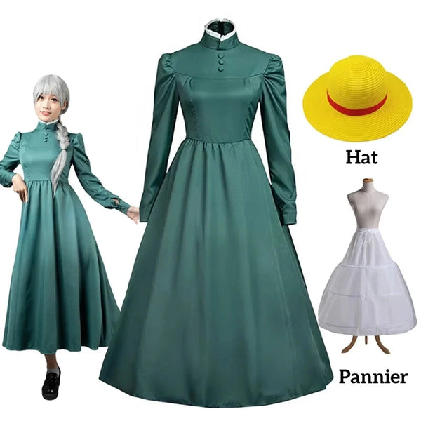 Green dress with yellow hat and white pannier from 'Howl's Moving Castle' on a white background