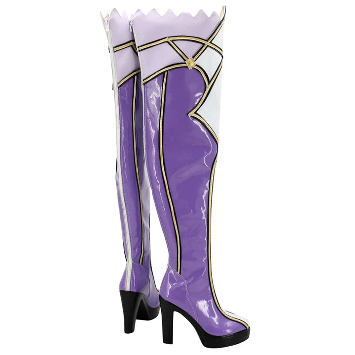 Purple cosplay boots with black high heels on a white background, branded with SBLUU Cosplay.