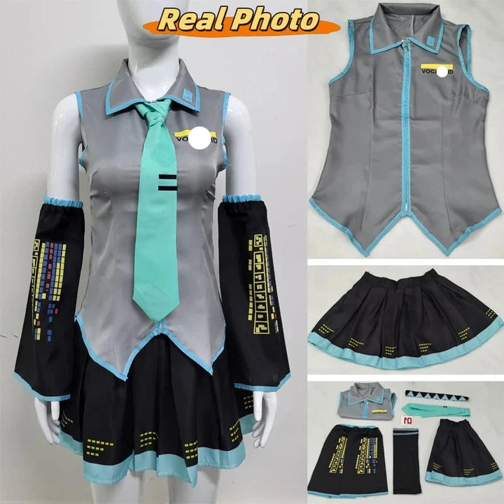 Cosplay costume set with gray top, black skirt, and teal tie on a mannequin against a white background.