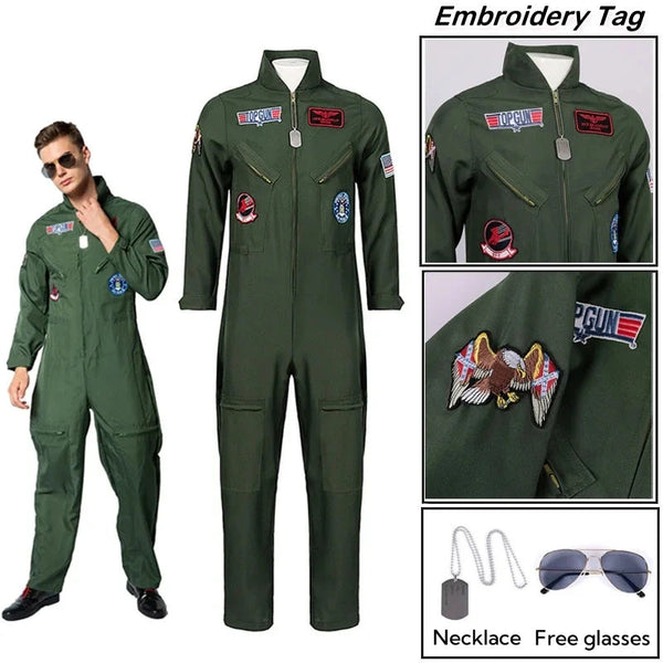 Green flight suit with embroidered patches and accessories on a white background