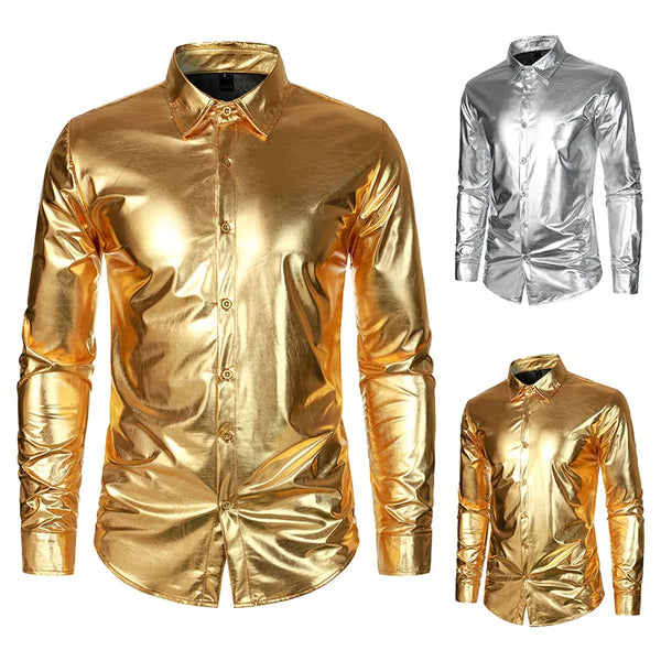Men's Metallic Glossy Long Sleeve Shirt Gold Silver Nightclub Party Shiny Shirt Vintage Disco Costume
