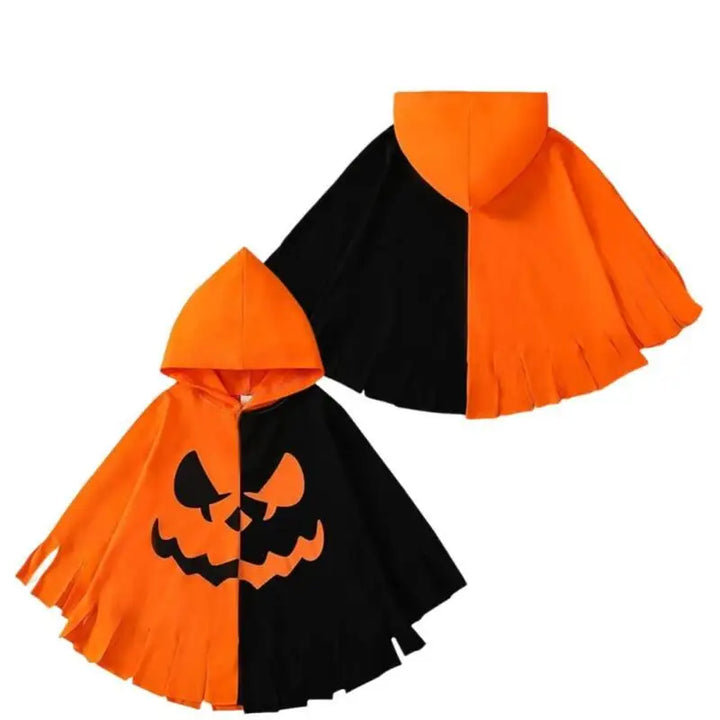 Two Halloween-themed ponchos, one orange and black with a pumpkin face design, on a white background.