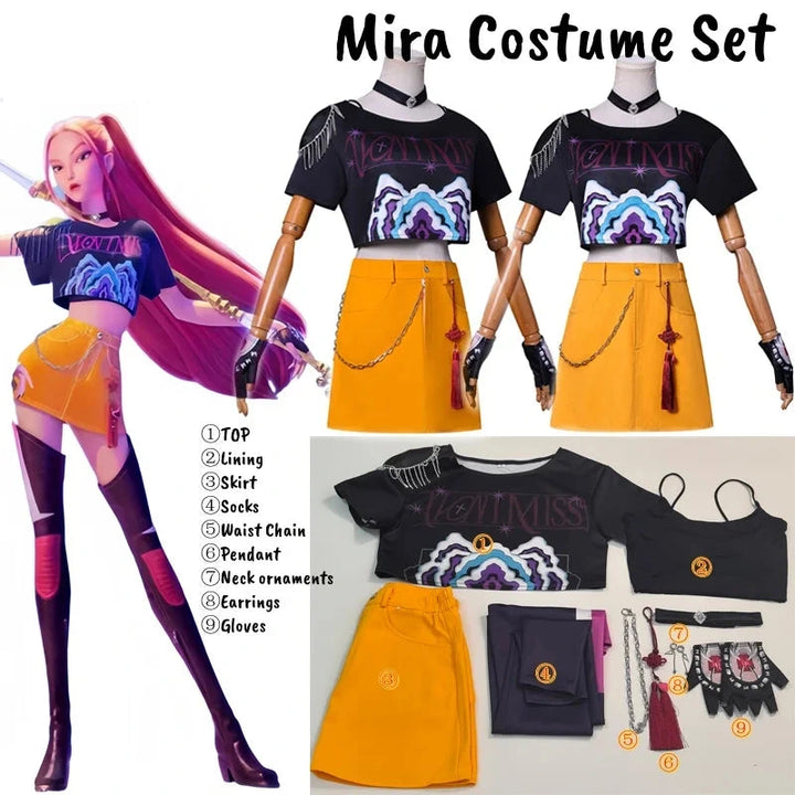 KPOP Demon Hunters Mira Costume Set with outfit components and a model wearing the set.