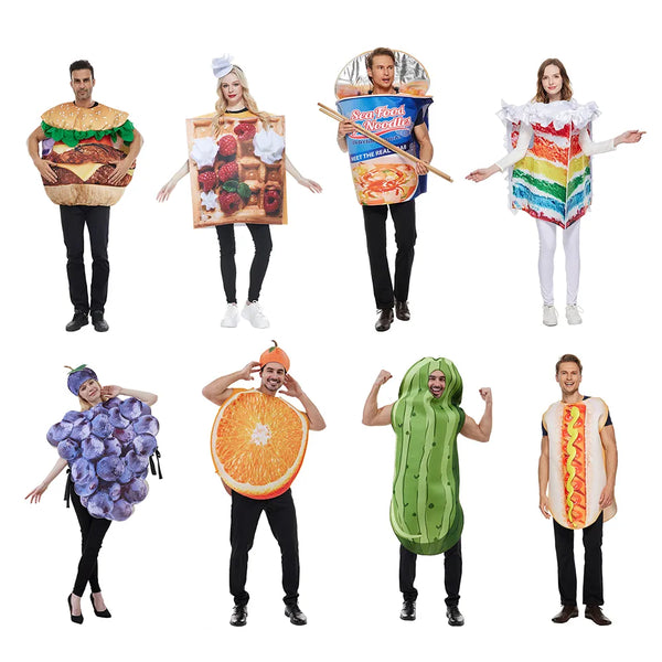 Halloween Costume for Adult Funny Food Fruit Costumes Unisex Jumpsuits Hamburger Hot Dog Cosplay Outfit Carnival Party Dress Up
