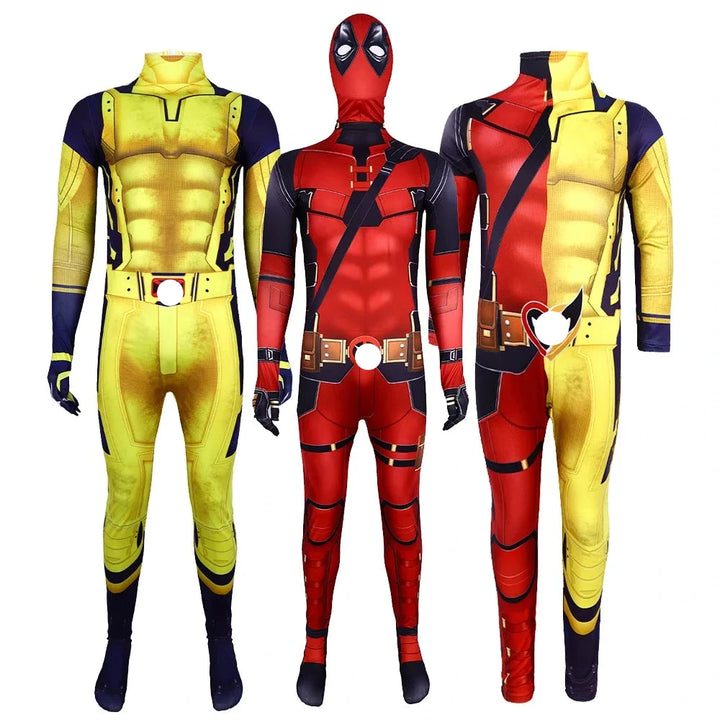 A set of three Deadpool and Wolverine themed costumes, featuring a yellow and blue suit, a red and black suit, and a full head-to-toe costume with mask.
