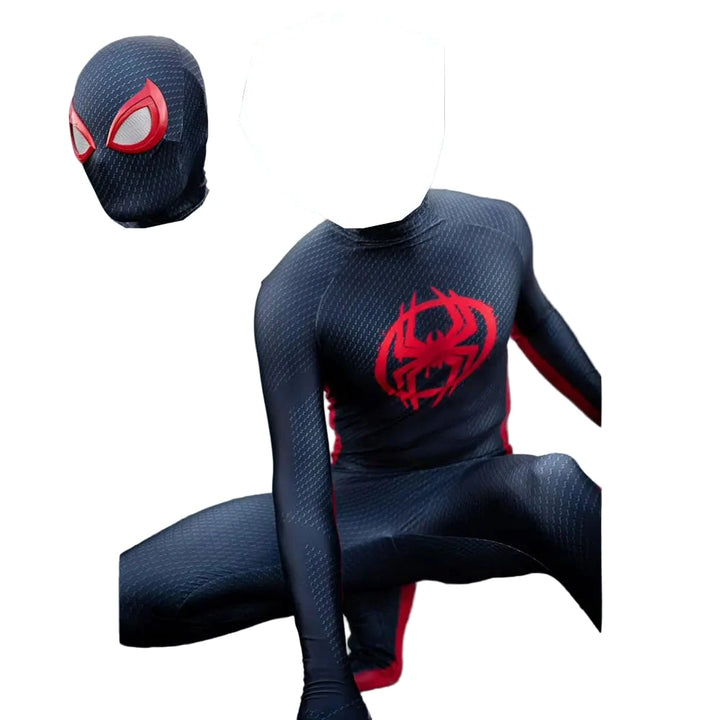Black superhero suit with red spider emblem on a neutral background