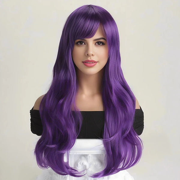 Purple 26-inch synthetic wig with big waves for Halloween cosplay, daily costume, holiday wig, high-temperature hair accessory