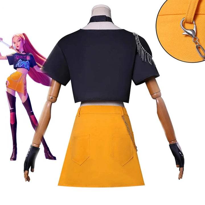 Mannequin wearing a black top and yellow skirt with 'K-Pop Demon Hunters' branding and character illustration.