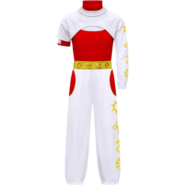 White and red jumpsuit with yellow accents on a white background
