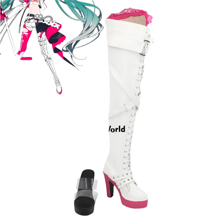 White knee-high boots with pink accents and a character illustration on a white background, featuring 'The Cos World' brand.