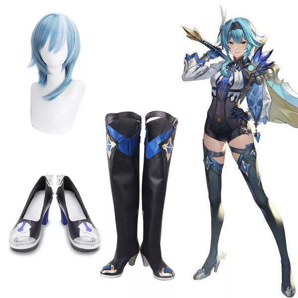 Anime Genshin Impact Eula Cosplay Shoes Custom Made Boots Synthetic Wigs Blue Curly Hair For Halloween Carnival Party
