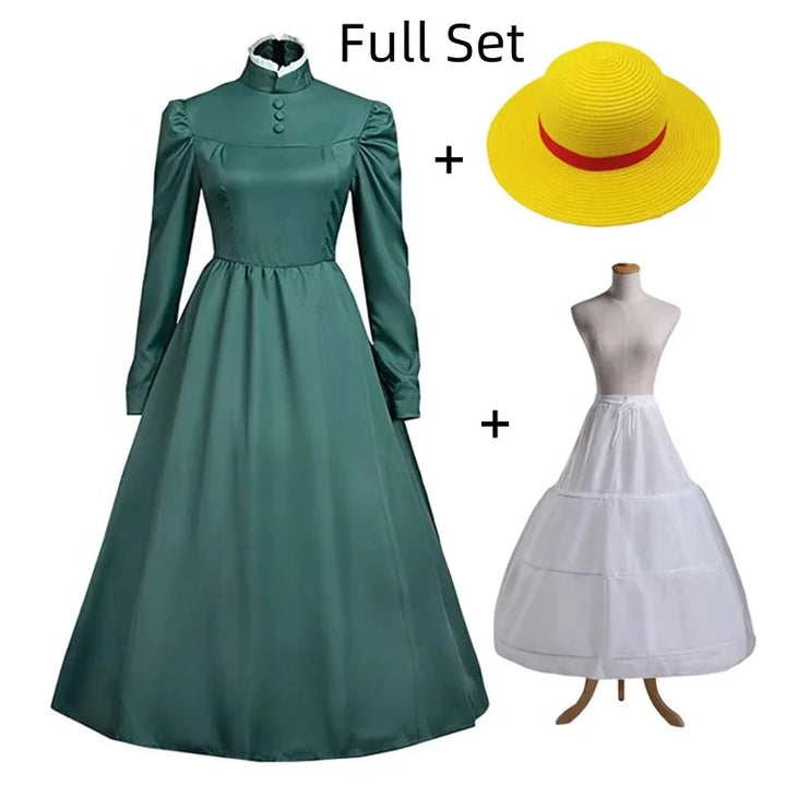 Green dress with yellow hat and white petticoat on a white background