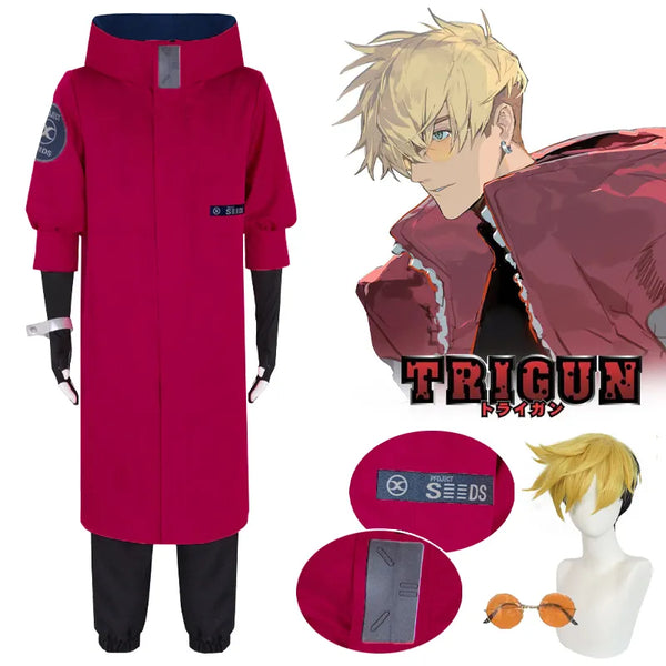 Anime Vash The Stampede Cosplay tTrigun Cosplay Costume Vash Wig Red Uniform Outfits Glasses Halloween Party Clothes for Male