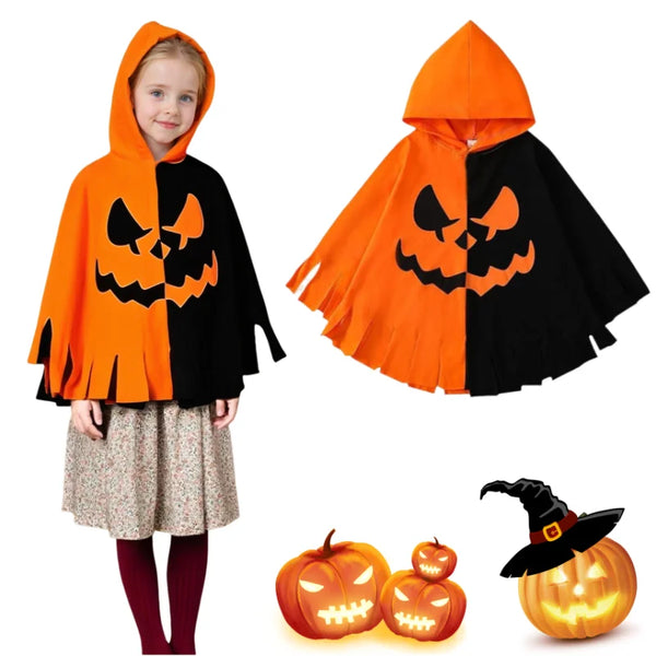 Halloween Pumpkin Bat Printed Cosplay Costume For Kids Carnival Party Orange Black Combination Color Hood Cloak Dress Up Gift