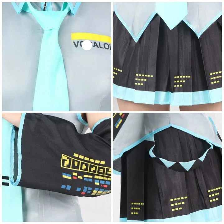 Collage of a person wearing a black and blue outfit with 'Vocaloid' branding.