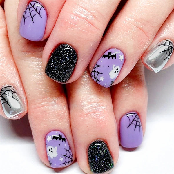 Press On Nails Light Purple Bat Ghost Spider Web Halloween Fake Nail Stickers With Designs Scary Party Nail Art Decals 24pcs